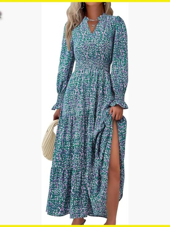 Dresses & Skirts - Floral Maxi Dress Long Sleeve V Neck A Line Boho Party Dress with Pockets